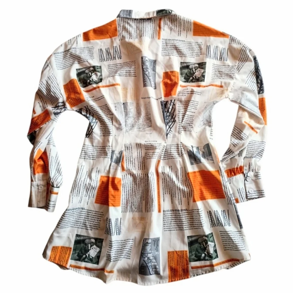 HALFHEART Shirt Dress Newspaper Print Button Down White Orange Gray LARGE - Picture 3 of 9